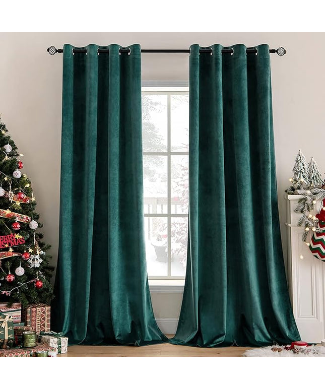 MIULEE Christmas Dark Green Velvet Curtains Room Darkening Blackout Solid Soft Grommet Emerald Curtain Black Out Thermal Soundproof Drapes/Panels for Living Room Bedroom 96 Inch Length 2 Panels
