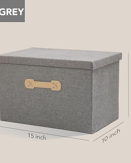 Enzk&Unity Decorative Storage Boxes with Lids, 3 Pack Grey Fabric Storage Bins with Handle, Foldbale and Stackable Storage Boxes for Shelf, Closet, Bedroom, Living Room