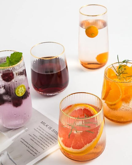 Lysenn Stemless Wine Glasses Set of 4 - Premium Hand Blown Drinking Glasses for White and Red Wine - Elegant Vertical Stripe and Gold Rim Design - Clear 15oz