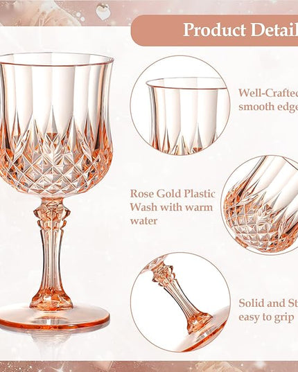 XUWAIDSGN 7oz Plastic Vintage Wine Glasses Drinking Glasses Unbreakable Wedding Glassware Crystal Water Goblets Reusable Drinkware Vintage Champagne Flutes (48, Pink)