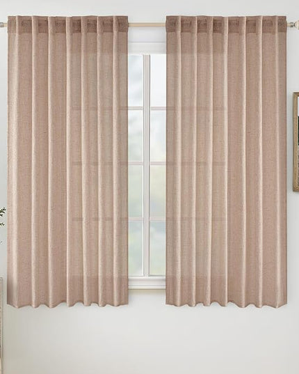 MIULEE Natural Beige Linen Curtains 54 Inch Length 2 Panels for Bedroom Living Room, Soft Linen Textured Window Drapes Semi Sheer Light Filtering Back Tab Rod Pocket Farmhouse Burlap Look Decor