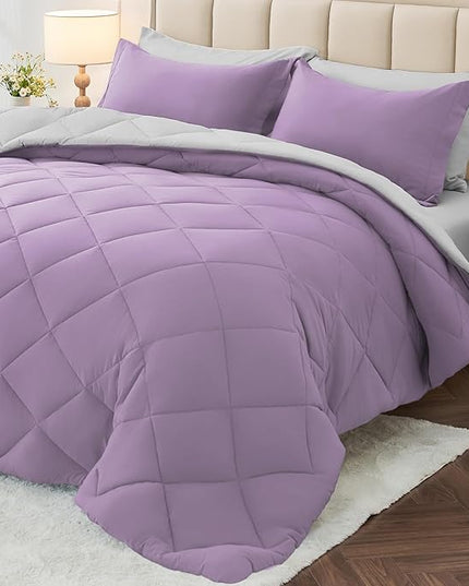 MUXHOMO 7 Pieces Queen Comforter Set, Reversible Bed in a Bag Queen Size, All Season Bedding Set with Comforter, Flat Sheet, Fitted Sheet, Pillowcases & Shams, Greyish Purple & Light Grey
