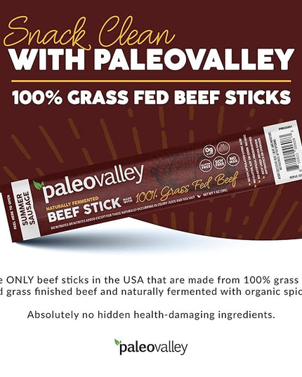 Paleovalley 100% Grass Fed Summer Sausage Beef Sticks - Delicious Gluten Free Beef Snack - High Protein Keto Friendly