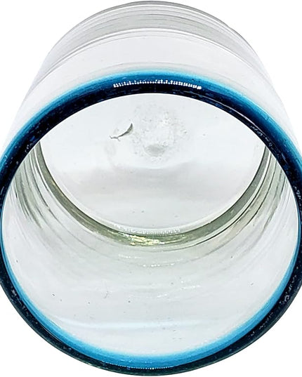 Aqua Blue Rim 10 oz Tumbler Glasses (set of 6) Mexican Handmade Glassware, Recycled Glass, Lead-free, Toxin-Free (Tumbler)