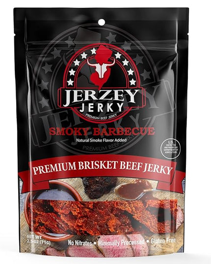 Jerzey Jerky Smoky Barbecue Brisket Jerky 2.5oz – High Protein, Gluten Free and Healthy Beef Snacks with Rich, Authentic Flavor