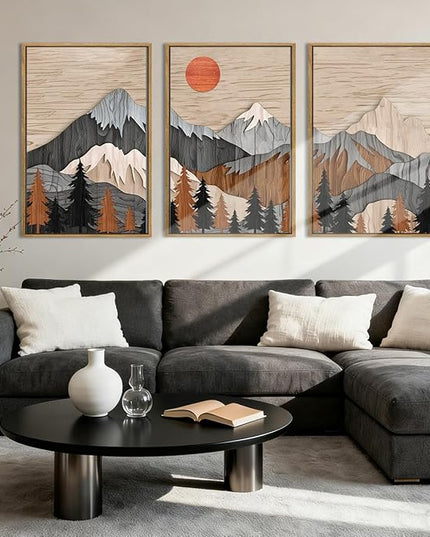 ANHUIB Mountain Wall Art 16x24 Inch Large Forest Wall Decor Woodcut Pine Tree Illustration Nature Wilderness Art Print Abstract Landscape Painting Set of 3 for Living Room Bedroom Office