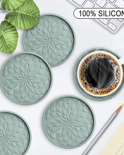ME.FAN Silicone Coasters with Holder,[6 Pack] Drinking Coasters - Cup Mat for Hot or Cold Drinks, Thickened, Non-Slip, Non-stick,Deep Tray Desert Sage