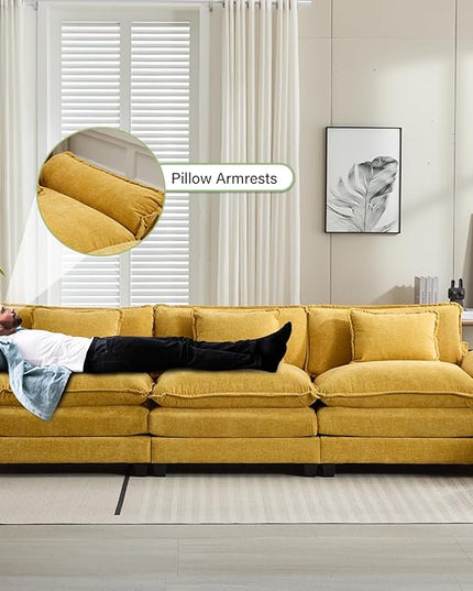 120" Modular Sectional Sofa, Comfy Cloud Couch Sectional Sofa, Chenille Sofa Sleeper Deep Seat Sofa with Throw Pillows for Living Room (Yellow, 120"- 3 Seater)