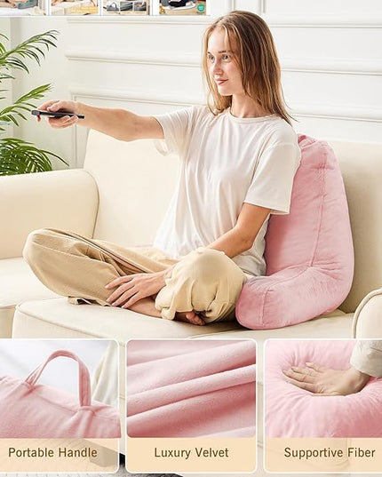 Sasttie Reading Pillow, Velvet Back Pillow for Bed Sitting Up, Adult Back-Rest Support Cushion with Arms for Sit Up on Couch, Sofa, and Floor, Dorm Essentials, Reading Accessories, Pink