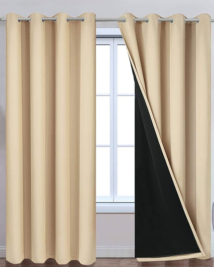 Yakamok 100% Blackout Curtains with Black Lined Thermal Insulated Light Blocking Curtains Heat Blocking Drapes for Bedroom(52Wx96L, Beige, 2 Panels)