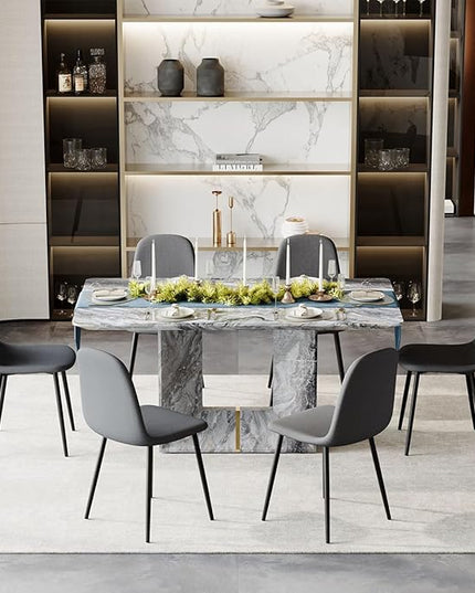 Dinner Table Set for 6, 7 Piece Dining Table Set with Chairs, 63" Faux Marble Modern Table with 6 Linen Fabric Chairs, for Kitchen & Dining Room