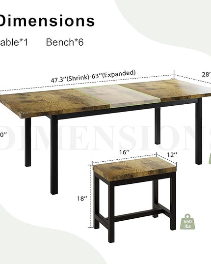 Feonase 7-Piece Dining Table Set with 6 Stools, 63 Inch Extendable Kitchen Table for 4-8, Kitchen Room Set with MDF Board & Metal Frame, Farmhouse Table, Space-Saving, Rustic Brown