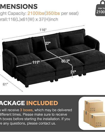 ELUCHANG 116" Luxury Modular Sectional Sofa, Comfy Deep Seat Cloud Couch, Sleeper Sofa Bed, 6 Seat Modern Couch with Removable Cover for Living Room, Apartment, DIY Combination, Chenille Black