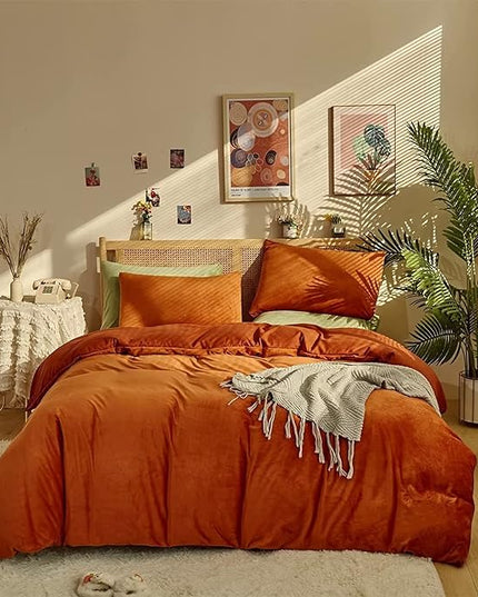 Houseri Burnt Orange Velvet Comforter Set California King Fluffy Rust Comforter Bedding Sets Cal King Terracotta Micromink Sherpa Comforter Flannel Fuzzy Blanket Warm Winter Comforter Cal King Size