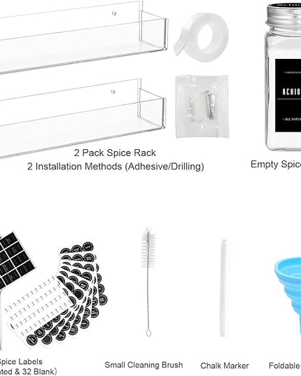 PMMASTO Adhesive Acrylic Spice Rack Organizer with 12 Empty Square Spice Jars, 238 Spice Labels with Chalk Marker and Funnel Complete Set for Kitchen Cabinet/Pantry Door (Clear - 2 Pack)