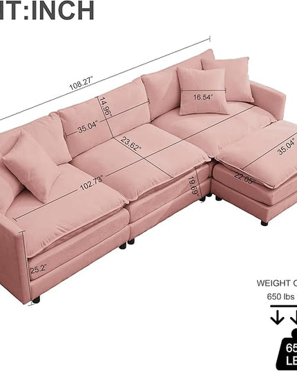 Modular Sectional Sofa,108.27'' Modern Sofa Sleeper Couch with 3 Seat & 1 Ottoman & 3 pillows Sofa Set,Comfy Cloud Couches with Movable Ottoman Deep Seat Sofa for Living Room Chenille (pink, L shaped)
