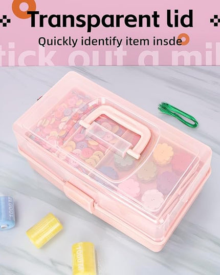 12.5in 3-Layer Multipurpose Craft Organizers and Storage with Adjustable Dividers, Portable Tackle Box, Folding Art & Craft Case for Medicine, Tool, Sewing Organizer (Pink)