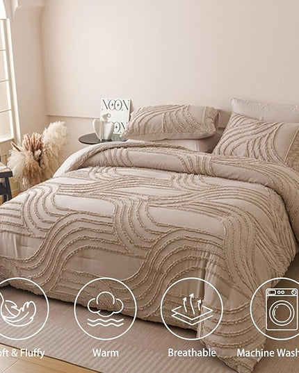 Khaki Full Comforter Set - 7 Pieces Bed in a Bag, Premium Comforters Full Size Bed Set Tufted Shabby Chic Bedding Comforter Set with Flat Sheet, Fitted Sheet and Pillowcases,Khaki