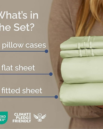 Queen Size 4 Piece Sheet Set - Comfy Breathable & Cooling Bed Sheets Set - Hotel Luxury Bedding for Women, Men, Kids, Teens, Boys & Girls - Deep Pockets and Wrinkle Free - Oeko-Tex - Light Sage Green