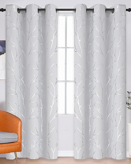 BUHUA White Blackout Curtain Panels, Room Darkening Curtains 96 Inches Long Grommet, Thermal Insulated Window Curtains with Silver Tree Branches Print, 38W x 96L, Greyish White, 2 Panels
