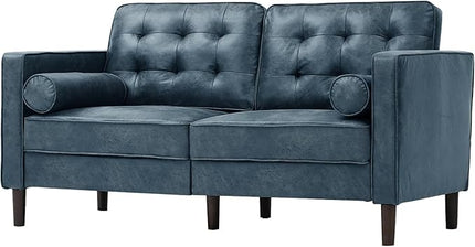 67" Suede Leather 2 Seater Sofa with Two Bolster Pillows, Tufted Sofa with Wooden Legs, Mordern Couch for Living Room, Office, Apartment, Blue