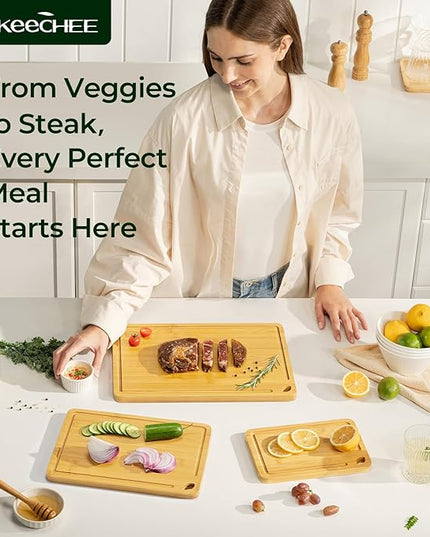 Wood Cutting Board for Kitchen - Reversible Bamboo Cutting Boards Gift Set of 3 with Juice Groove, Wooden Chopping Board for Meat, Fruit, Vegetables & Cheese (Pre Oiled, Natural)