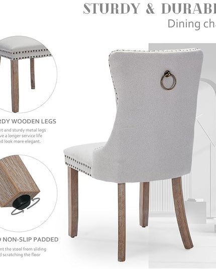 SoarFlash Linen Fabric Dining Chair Set of 6, Upholstered Tufted Dining Room Chair with Nailhead Trim,Solid Light Color Wood Leg for Kitchen (Beige)