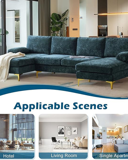 VINGLI 110" Large U-shape Sectional Sofa Couch with 51"D Double Chaise for Living Room, Modern Sectional Couch Set with Soft 5.9" Thickness Seating Padding, Chenille Fabric ,Metal Gold Legs(Rich Cyan)