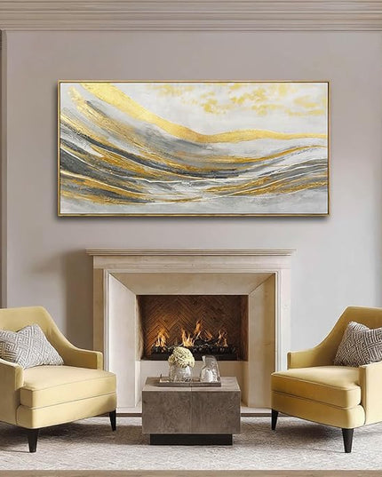 Abstract Wall Decor Modern Canvas Poster Gold Foil Wood Wall Art 24"x48" Pictures for Bedroom Wall Posters for Dining Room Area