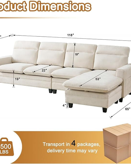 118 Inch Sectional Sofa Couch,L Shaped Couch with Chaise,Cheille Modular Sectional Sofa for Living Room.（Beige）