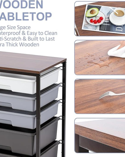 Utility Cart with 5 Drawers,Storage Drawer Cart with Wooden Tabletop and Lockable Wheels,Craft Storage Trolley Cart,5-Tier Rolling Utility Cart on Wheels,Dark Grey