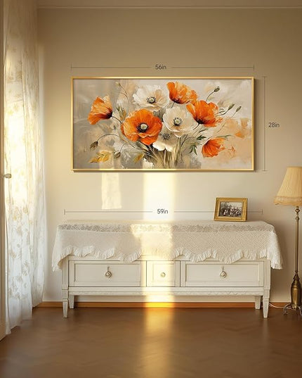 Extra Large Gold Framed Floral Wall Art for Living Room, Orange and White Flowers Canvas Artwork for Walls, Modern Elegant Watercolor Painting Picture Prints for Bedroom Hallway Office, 30x60 Inch