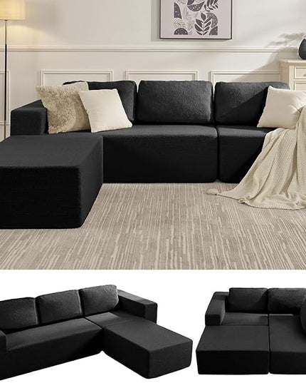 136" Modular Sectional Couch Left/Right Facing Convertible, L-Shape Modern Teddy Sofa, Deep Seat Upholstered Foam Couch for Living Room Bedroom, No Assembly Required (Black, Teddy Boucle)