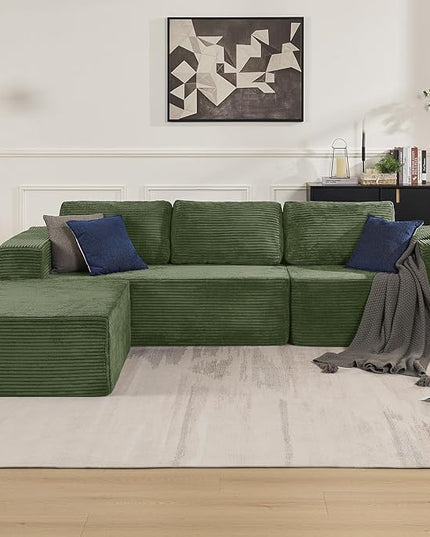 106" 3-Seater Sofa, Cloud Modular Sofa with Certified Foam, Upholstered Floor Sofa with Deep Seat, Sofa for Bedroom Living Room, No Assembly Required (Green, Plush Corduroy Fabric)