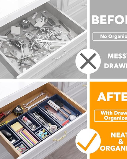 SpaceAid 7-Piece Bamboo Drawer Organizer Storage Boxes Set, Wood Tray Junk Drawer Organizers Multi-Use Divider Bins for Kitchen, Bathroom, Office Desk and Makeup Organization (7 Pack, Navy Blue)