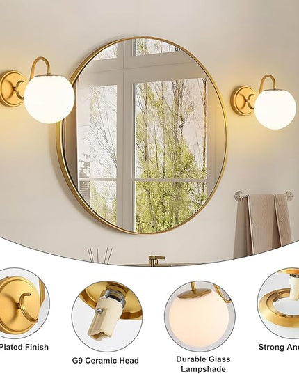 Vintage Bathroom Vanity Light Fixtures Over Mirror, Brushed Gold Vanity Lights For Bathroom With Milk White Glass Globe Shade, Wall Sconces For Bedroom, Hallway, Dressing Table(Includ G9 Bulb)