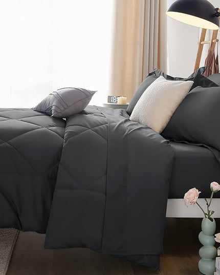 CozyLux Full Size Comforter Sets Dark Grey - 7 Pieces Bed in a Bag Full, Luxury Soft Bed Set for All Seasons, Bedding Set with Down Alternative Comforter, Sheets, Pillowcases & Shams
