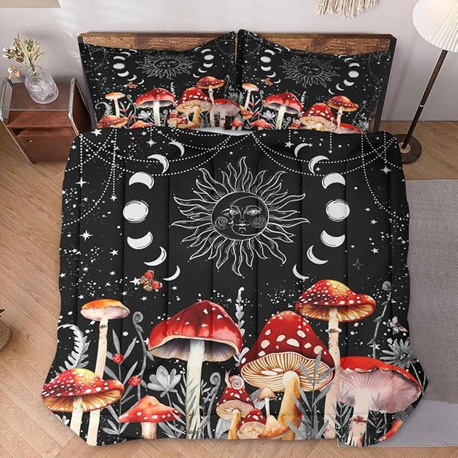 Twin Size Comforter Set with Pillowcase, Sun Moon Boho Mushroom 2 Pcs Bedding for Kids and Adults, Astrology Tarot Witch Soft Comforter Set for Bedroom Bed Decor