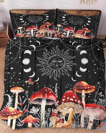 Full Size Comforter Set with 2 Pillowcases, Sun Moon Boho Mushroom 3 Pcs Bedding for Kids and Adults, Astrology Tarot Witch Soft Comforter Set for Bedroom Bed Decor