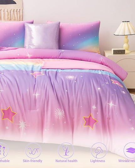 Rainbow Bedding Set Twin Size – 6-Piece Reversible Girls Comforter with Deep-Pocket Sheet, Gradient Galaxy Design, Whole-Piece Filling, Machine Washable Bed-in-a-Bag for Kids Room Makeover & Gifts