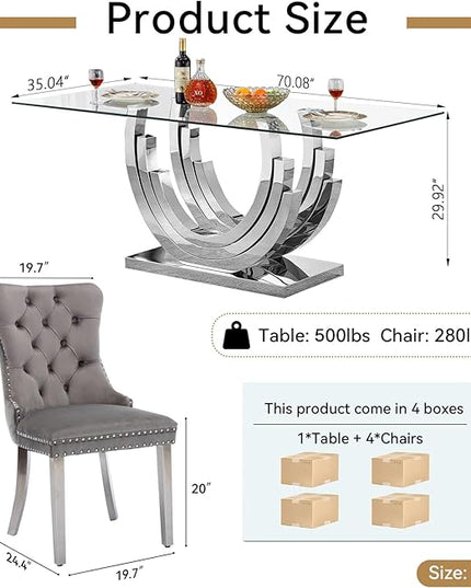 Henf 5-Piece Dining Table Set with 4 Upholstered Dining Chairs, Large Dining Table and Chair Set for 4, Modern Glass Kitchen Table Furniture for Dining Room, Glass Top and Stainless Steel Pesestal