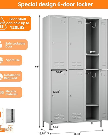 Aobabo Metal Locker for Employees, 6 Doors Metal Locker Cabinet with Lock, Industrial Storage with 18 Hooks, Storage for Office, Gym, Dormitory, Assembly Required, Light Grey