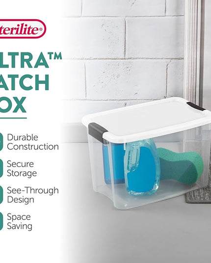 Sterilite 12-Pack Ultra Latching Box, Storage Bins with Lids, Clear Plastic, 30 Quart - Heavy-Duty Organizing Containers for Closet, Bathroom, and Office