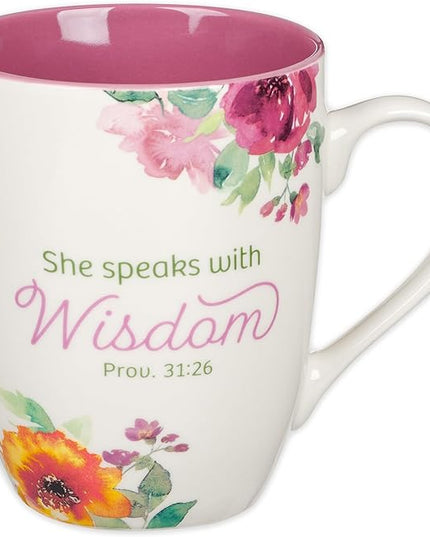 Christian Art Gifts Inspirational Ceramic Coffee & Tea Scripture Mug for Women: She Speaks with Wisdom Bible Verse, Microwave & Dishwasher Safe Drinkware, Multicolor Floral, White & Dark Pink, 12 oz.