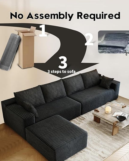 139.4" Modular Sectional Sofa, L-Shaped Minimalist Couches with Ottoman Chaise, Modern Deep Seat Convertible Sleeper Sofa,Cloud Plush Corduroy Fabric, No Assembly Required, 5 Seater, Black