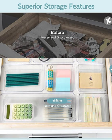 6 Pack Large Clear Plastic Drawer Organizer Trays, Desk Drawer Organizers and Storage Dividers, Non-Slip Storage Bins for Jewelry, Snacks, Office, Bathroom, Bedroom and Kitchen