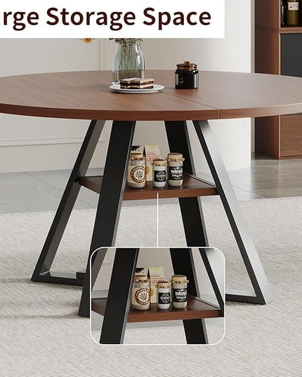 Walnut Round Dining Table Set for 4, Mid-Century Modern Kitchen Table and Chairs, Small Space Dining Room Furniture for Apartment, Breakfast Nook or Studio (Boxwood-Storage Table+4 Black Chairs)