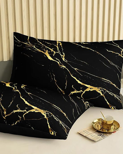 Merryword 8 Pcs Bed in a Bag Comforter Set - Queen Size Black Gold Marble Bedding Set