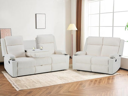 Reclining Sofa Set for Living Room, Loveseat Recliner Sofa & 3 Seater Manual Reclining Sofa with Console & Cup Holders, Recliner Sofa Set for Living Room Furniture Sets(Beige)