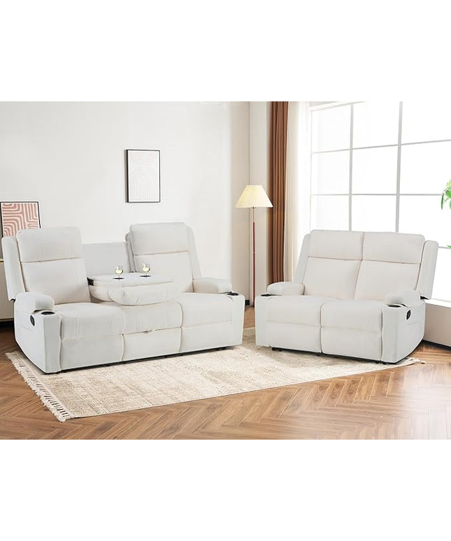 Reclining Sofa Set for Living Room, Loveseat Recliner Sofa & 3 Seater Manual Reclining Sofa with Console & Cup Holders, Recliner Sofa Set for Living Room Furniture Sets(Beige)